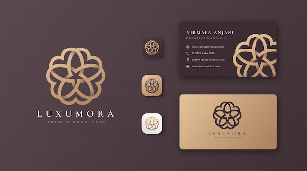 Luxury abstract golden flower logo design with business card