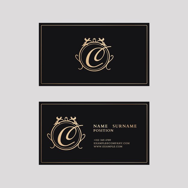 Luxury business card template in gold and black tone with front and rear view flatlay