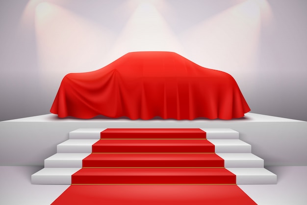 Luxury car covered with red silk draped cloth presentation on podium with staircase carpet realistic