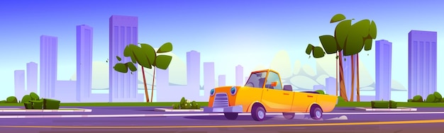 Free vector luxury convertible and road cartoon city landscape