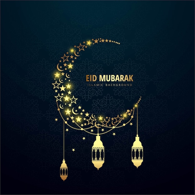 Free vector luxury eid mubarak background with moon and lanterns