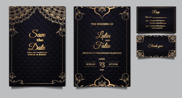 豪華でエレガントな結婚式の招待カードテンプレートデザインセット