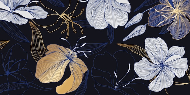 Luxury gold and blue floral wallpaper Premium Vector