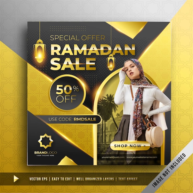 Vettore gratuito modello di promozione di lusso in oro ramadan banner quadrato promozione