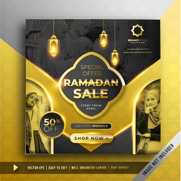 Free vector luxury gold ramadan sale square banner promotion template