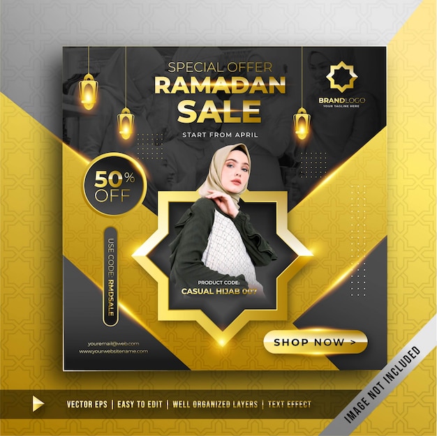 Luxury gold ramadan sale square banner promotion template