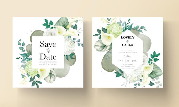 Free vector luxury greenery lily and rose flower wedding invitation card