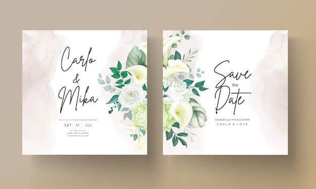 Luxury greenery lily and rose flower wedding invitation card