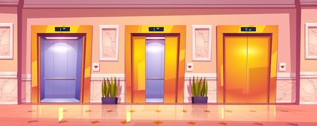 Luxury hallway interior with golden elevator doors, marble wall and plants.