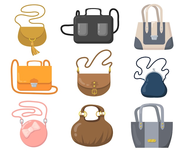 Vettore gratuito set di borse di lusso. borse, pochette e borsette alla moda con manici e tracolla.