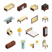Free vector luxury interior isometric elements set for bedroom living room and study with furniture and decorati