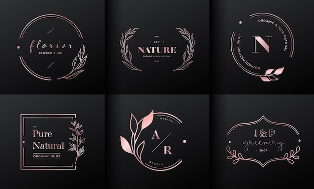 Luxury logo design collection. Rose gold emblems with initials and floral decorative for branding logo, corporate identity and wedding monogram design.