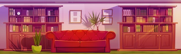 Free vector luxury lounge interior with sofa and bookcases vector cartoon illustration of living room or cabinet with couch with leather upholstery in classic style bookshelves and plants