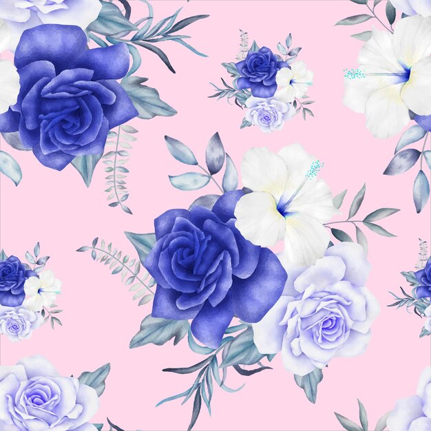 럭셔리 네이비 블루와 퍼플 수채화 꽃 원활한 패턴