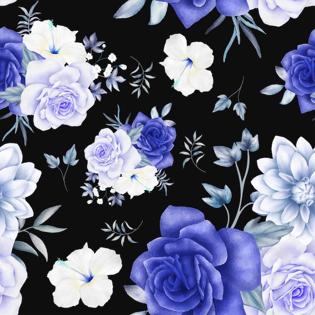 럭셔리 네이비 블루와 퍼플 수채화 꽃 원활한 패턴