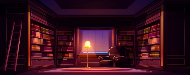 밤에 럭셔리 오래된 도서관 인테리어, 나무 선반에 책을 읽고 어두운 빈 방