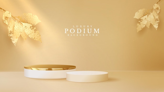 Luxury podium display with golden leaves on brown pastel background, minimal pedestal, stage showcase empty space for beauty and cosmetics product, 3d vector illustration.