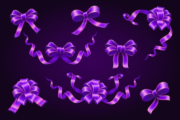 無料ベクター 豪華な紫のリボンボウコレクションのベクトルイラストレーション
