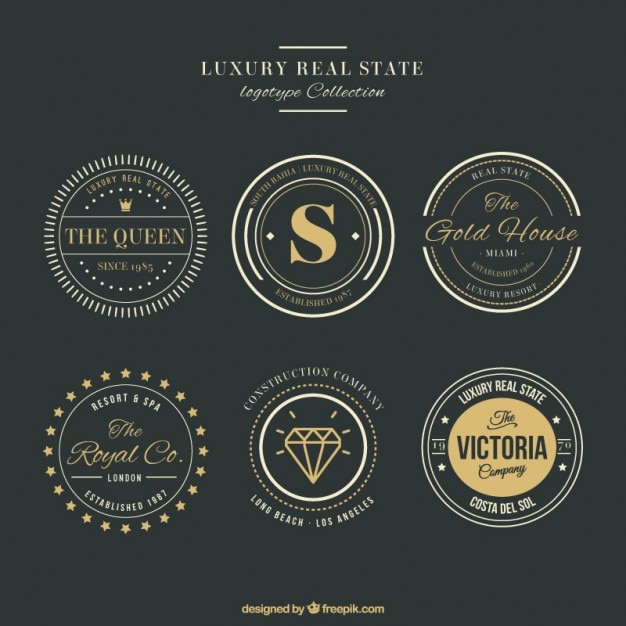Бесплатное векторное изображение Роскошные логотипы недвижимости с золотыми вставками