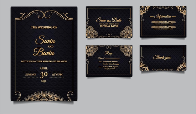 贅沢な日付の結婚式の招待カードのテンプレートデザインセットを保存します