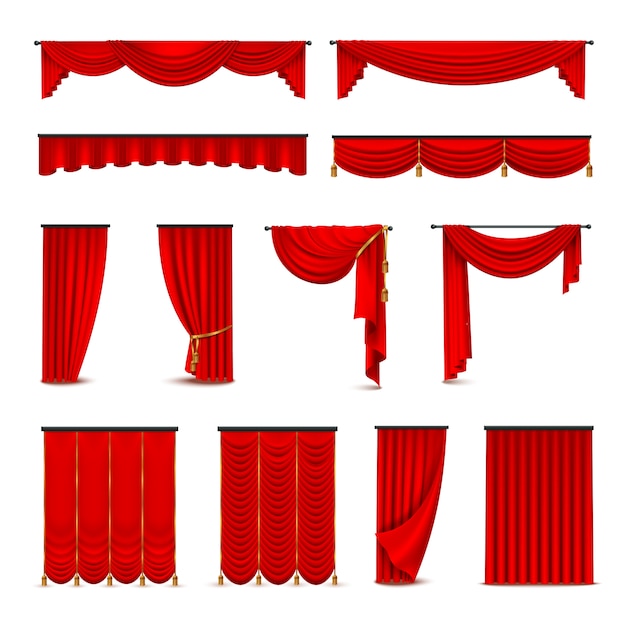 Vettore gratuito lusso rosso scarlatto velluto di seta tende e tendaggi decorazione d'interni idee di design realistico ico