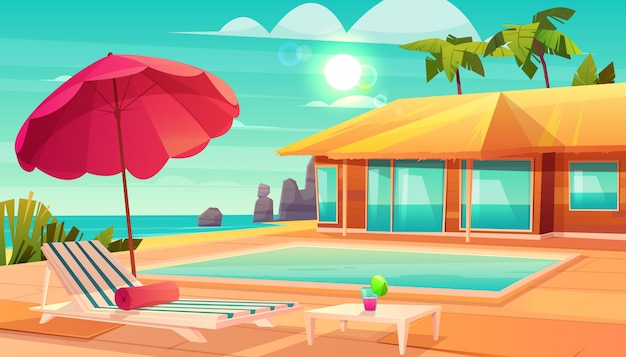 Роскошный тропический курортный отель мультфильм вектор с коктейлем на столе,