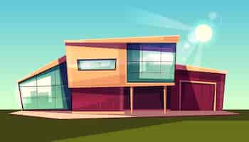 Free vector luxury villa exterior, modern country cottage with garage, house with glass facade