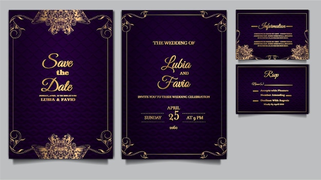 Free vector luxury wedding invitation card embossed template design set