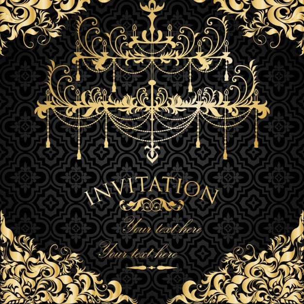 Free vector luxury wedding invitation with golden ornaments on a black background