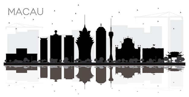 Macau china city skyline black and white silhouette with reflections. vector illustration. simple flat concept for tourism presentation, banner, placard or web site. macau cityscape with landmarks.