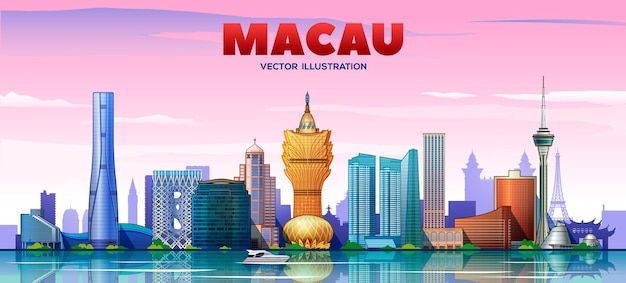 Vettore gratuito orizzonte di macao (cina) con panorama sullo sfondo del cielo. illustrazione vettoriale. concetto di viaggio d'affari e turismo con edifici moderni. immagine per presentazione, banner, sito web.