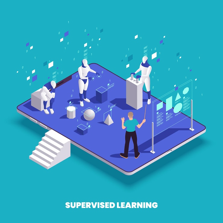 Free Vector machine learning deep learning isometric composition with teacher holographic blackboard and cyborgs as pupils on tablet vector illustration