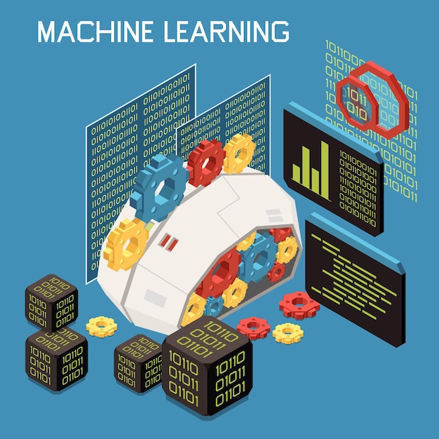 Free vector machine learning isometric composition with artificial brain full of gears with cubes of code and text vector illustration