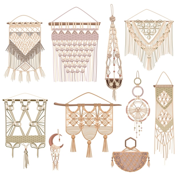 Free vector macrame style objects set of handcrafted wall hanging and kashpo for home flowerpot isolated on white background flat vector illustration