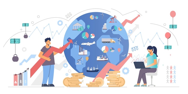 Бесплатное векторное изображение Макроэкономическая плоская векторная иллюстрация с изображением земного шара в центре и валютой, привязанной к воздушным шарам и гирям, символизирующим меняющийся рынок