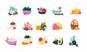 Free vector macronutrients flat set on blank background with isolated icons of raw food products and served dishes vector illustration
