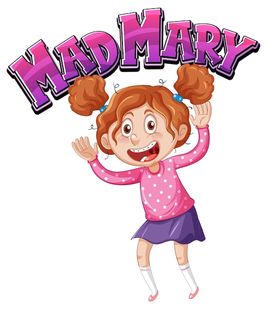 Disegno del testo del logo mad mary con un personaggio dei cartoni animati di una ragazza