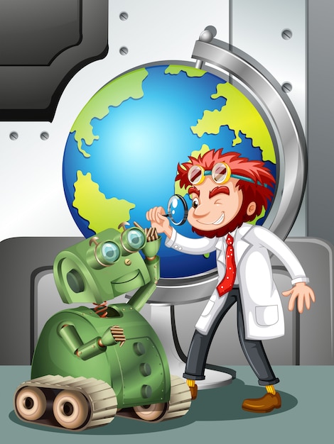 Mad scientist with robot and globe