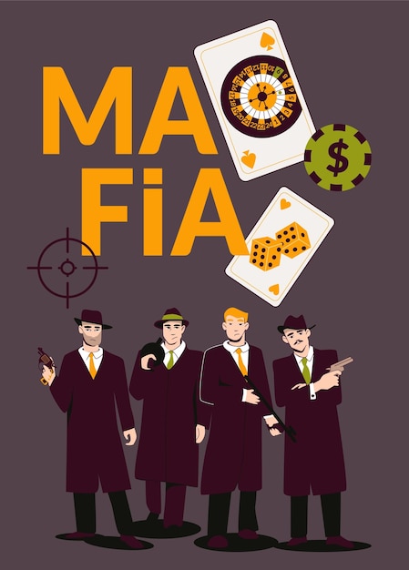 Vettore gratuito poster piatto della mafia con un gruppo di uomini che tengono l'illustrazione di vettore delle icone del casinò e dell'arma