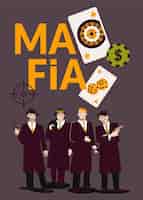 Бесплатное векторное изображение Плоский плакат мафии с группой мужчин, держащих оружие и векторную иллюстрацию значков казино