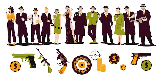 Vettore gratuito set piatto mafioso di personaggi gangster e donne vestite alla moda degli anni '30 dell'illustrazione vettoriale del xx secolo