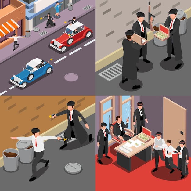 Free vector mafia isometric 2x2 design concept set with street gangsters drug trafficking big boss square compositions 3d vector illustration