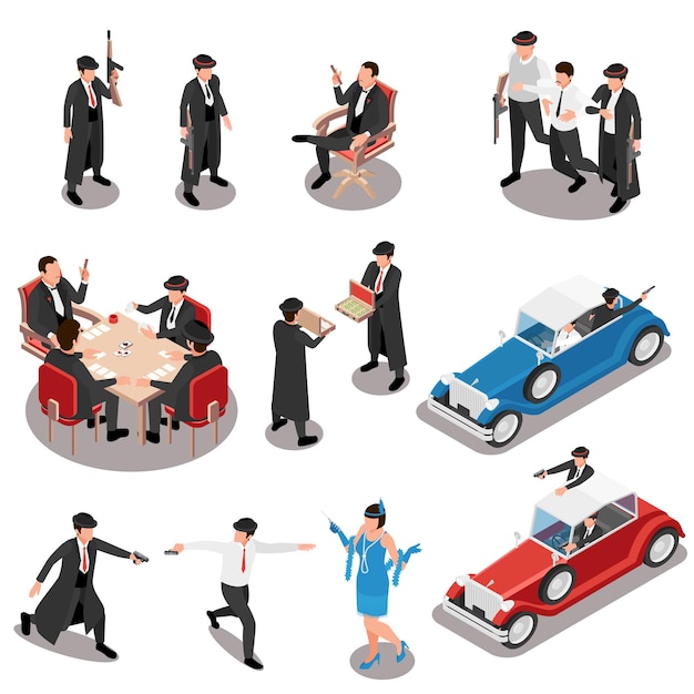 Бесплатное векторное изображение Изометрический набор мафиозных персонажей с оружием в казино и ретро-авто изолированной векторной иллюстрацией