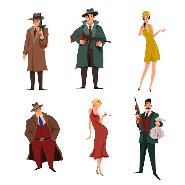 Set di personaggi dei cartoni animati maschili e femminili della mafia. ganster in cappelli, assassini, guardie del corpo con illustrazione di pistole su bianco