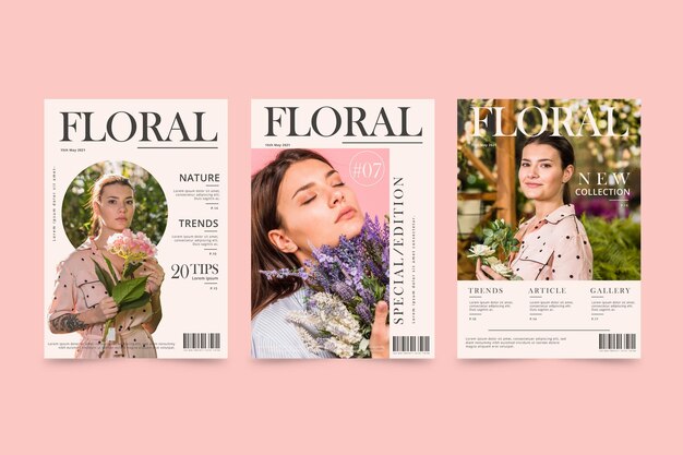 Free Vector magazine cover template collection with photo
