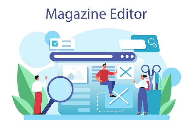 Magazine editor concept Journalist and designer working on magazine article and photo Content selection release plan and promotion Isolated flat vector illustration