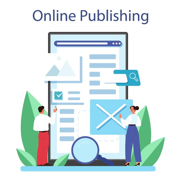 Magazine editor online service or platform Journalist and designer working on magazine article and photo Online publishing Isolated flat vector illustration