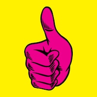 Magenta pink thumbs up sticker overlay on a yellow background