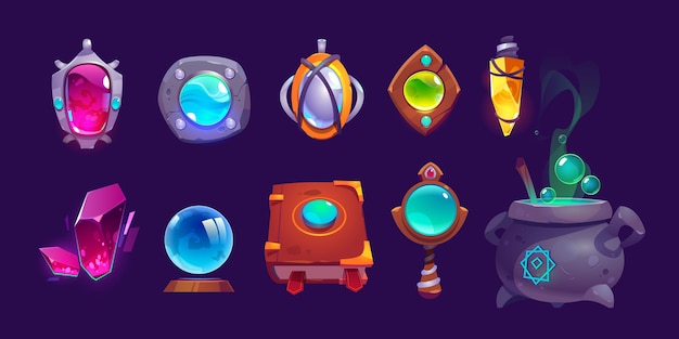Magic amulets, crystal, book of spell and cauldron with boiling potion. cartoon icons set, gui elements for game about witchcraft or wizard isolated on background