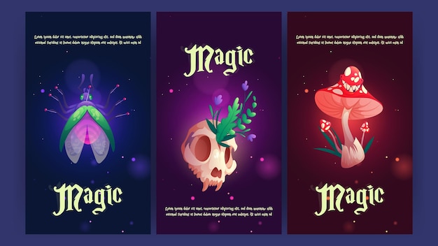 Magic banners with fly animal skull and creepy mushroom vector vertical posters with cartoon illustration of witchcraft and occult equipment pinned insect herbs and fly agaric